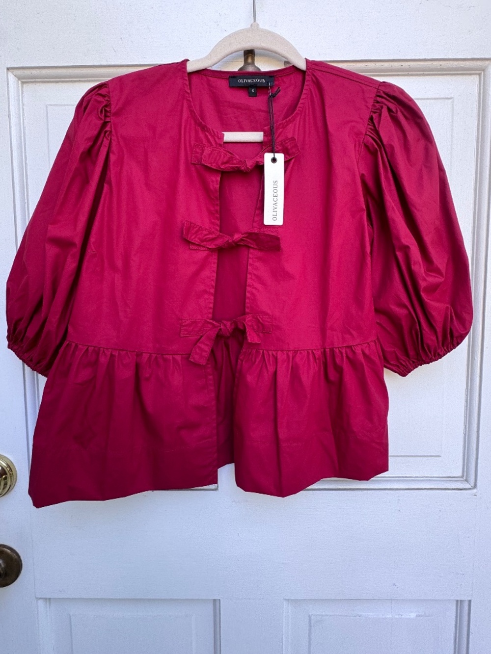 Olivaceous Cranberry Bow Front Babydoll Blouse Women’s Small NWT Cotton